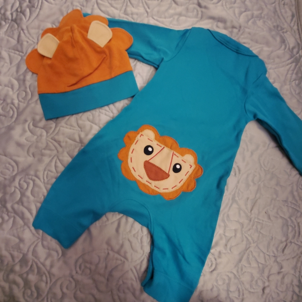 🦁Lemon Loves Layette teal & orange onesie & hat